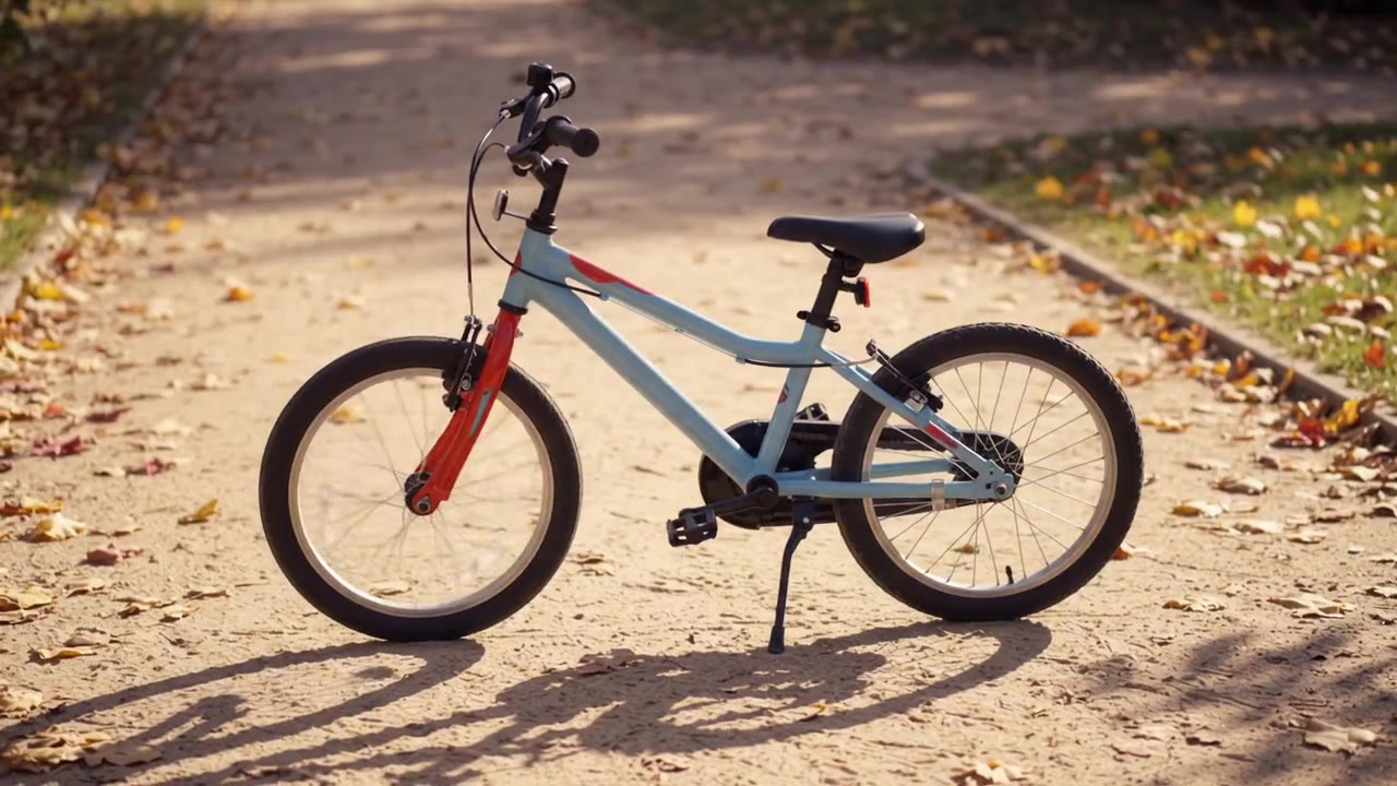 Ein hellblaues Kinderfahrrad mit roter Gabel steht auf einem sonnigen Parkweg mit Herbstlaub.